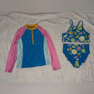 DSG Girls Blue Pink Yellow Rash Guard and Citrus Three-Piece Swim Set